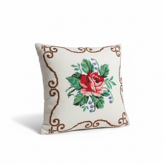Vintage Hand Embroidered Pillow – Cross Stitch Cushion with Roses – Colorful Boho Home Decor, authentic vintage, timeless charm