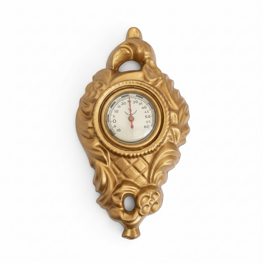 Vintage Neo-Baroque Wall Thermometer: Gold Cast Metal, Made in Sweden, authentic vintage piece with timeless charm and Scandinavian mid-century modern style