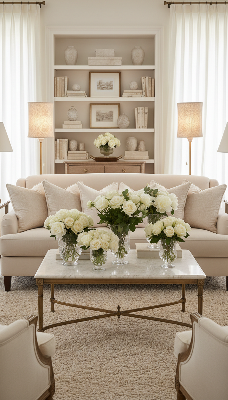 Elegant living room with Vintage Brass Table Lamps with Lace Shades – Matching Pair, 59cm | Cottagecore Bedside Lighting, timeless charm