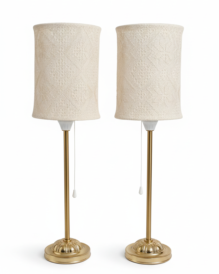 Vintage Brass Table Lamps with Lace Shades – Matching Pair, 59cm | Cottagecore Bedside Lighting, Timeless Charm, authentic vintage