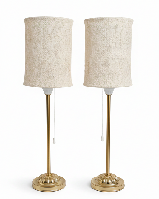 Vintage Brass Table Lamps with Lace Shades – Matching Pair, 59cm | Cottagecore Bedside Lighting, Timeless Charm, authentic vintage