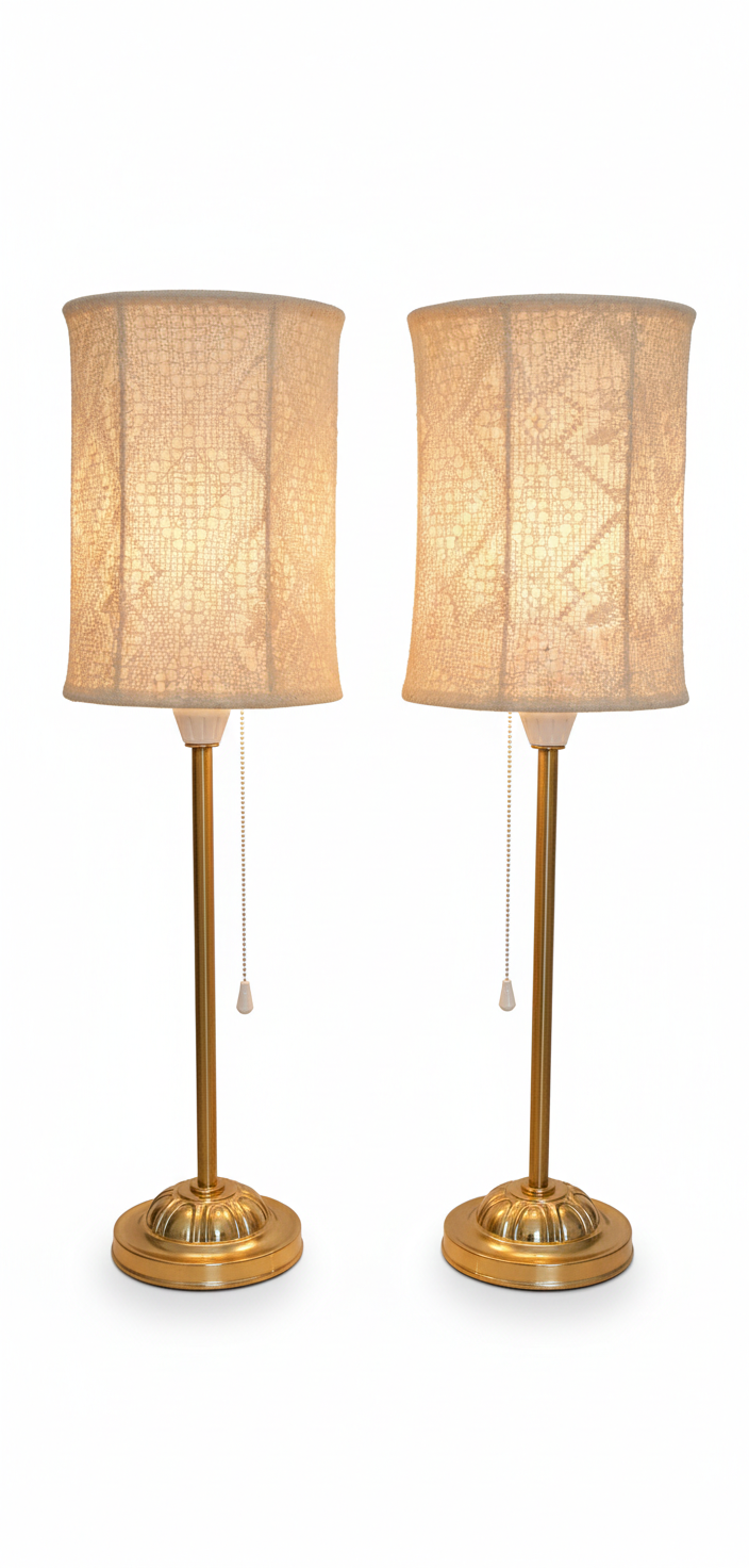 Vintage Brass Table Lamps with Lace Shades – Matching Pair, 59cm | Cottagecore Bedside Lighting, Timeless Charm