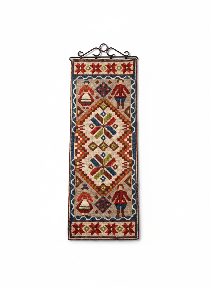 Vintage Scandinavian Folk Art Wall Textile – Handwoven Swedish Runner with Traditional Motifs, authentic vintage, timeless charm.