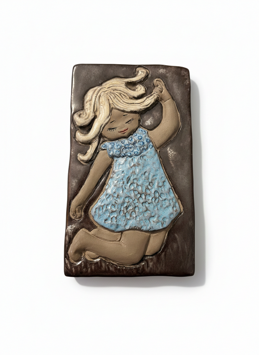 Swedish Ceramic Wall Plaque – Girl Relief, Signed JM, Mid-Century, authentic vintage Scandinavian mid-century modern charm.