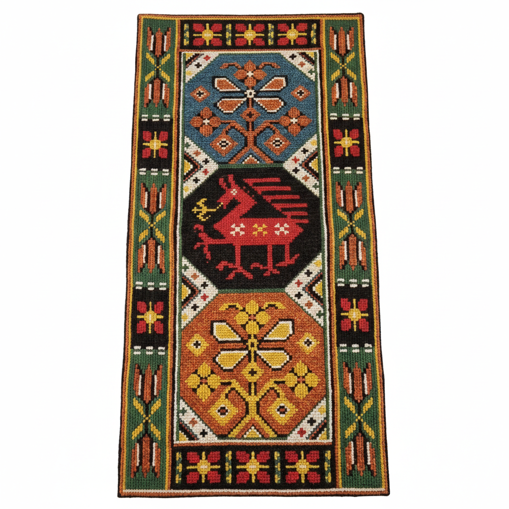 Vintage Swedish Folk Wall Tapestry – Handwoven Rölakan Style Wool Textile featuring authentic vintage Scandinavian folk art, timeless charm.