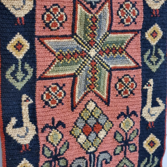 Vintage Swedish Folk Wall Tapestry – Handwoven Wool Textile featuring Nordic folk art and timeless charm in authentic vintage style.