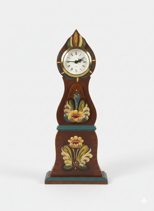 Vintage Swedish Mora-Style Wooden Clock – Hand-Painted Rosemaling Folk Art with authentic vintage Scandinavian charm and timeless design.