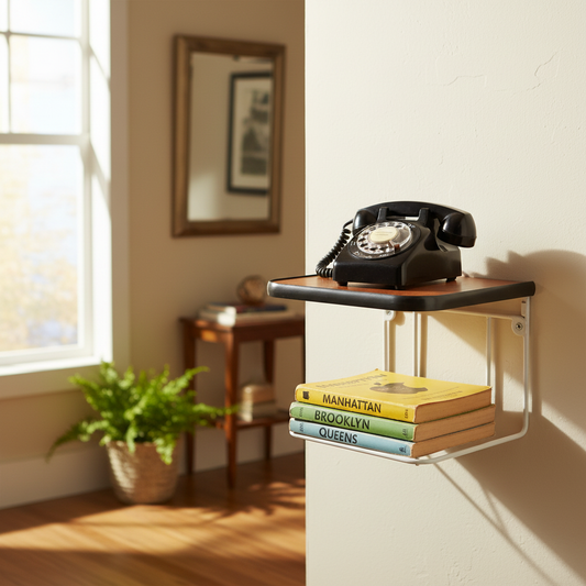 Vintage Swedish Teak Telephone Shelf – String Style Wall Shelf, Mid-Century Modern with rotary phone and vintage books, timeless charm