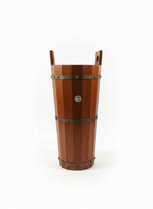 Vintage Wooden Umbrella Stand, Barrel Style, Rustic Entryway Decor, Leather Crest Detail with timeless charm, authentic vintage piece