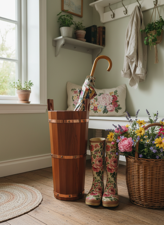 Vintage Wooden Umbrella Stand, Barrel Style, Rustic Entryway Decor, Leather Crest Detail with floral boots and basket flowers, timeless charm.