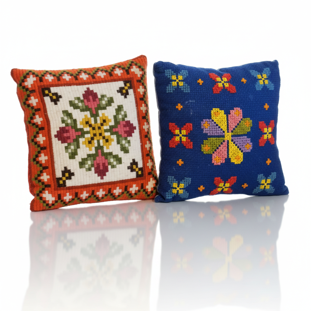 Vintage Hand Embroidered Needlepoint Cushion – Scandinavian Folk Floral Pattern, Retro Colour Pop Pillow, timeless charm, authentic vintage.