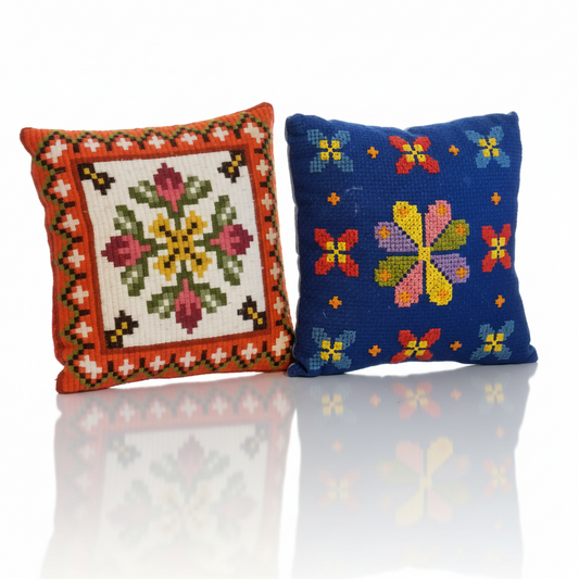 Vintage Hand Embroidered Needlepoint Cushion – Scandinavian Folk Floral Pattern, Retro Colour Pop Pillow, timeless charm, authentic vintage.