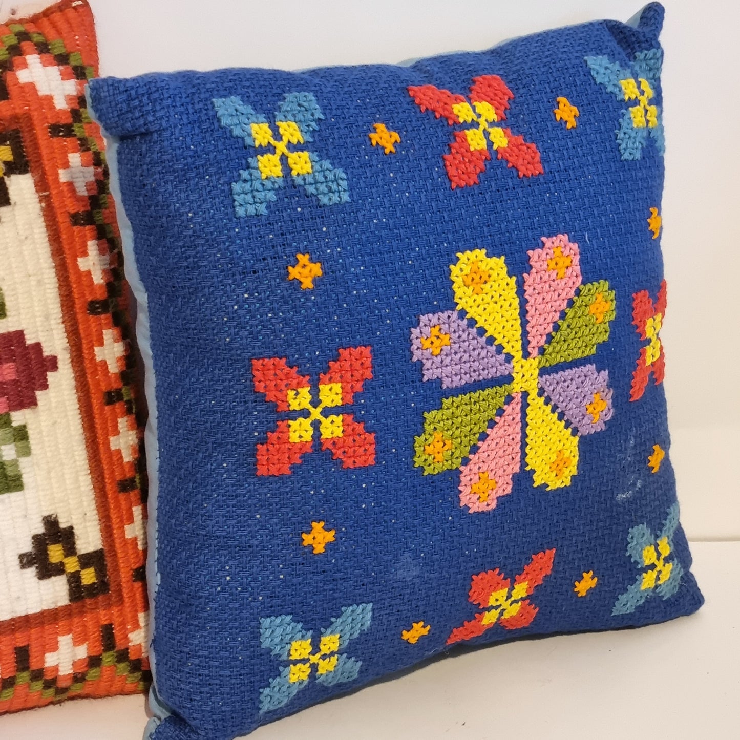 Vintage Hand Embroidered Needlepoint Cushion – Scandinavian Folk Floral Pattern, Retro Colour Pop Pillow, Timeless Charm