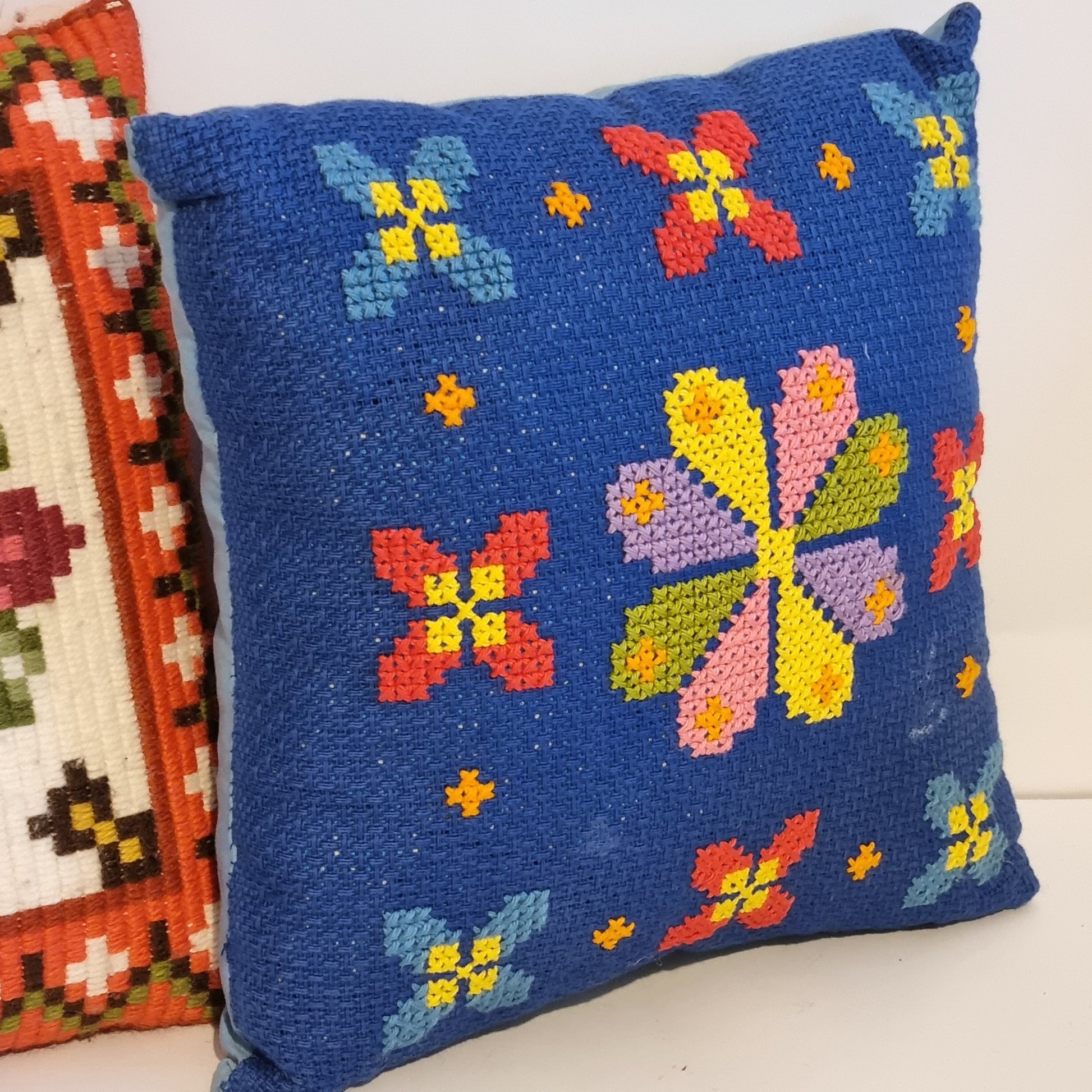 Vintage Hand Embroidered Needlepoint Cushion – Scandinavian Folk Floral Pattern, Retro Colour Pop Pillow, Timeless Charm