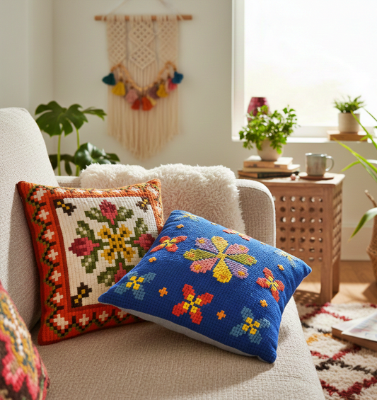 Vintage Hand Embroidered Needlepoint Cushion – Scandinavian Folk Floral Pattern, Retro Colour Pop Pillow, timeless charm design.
