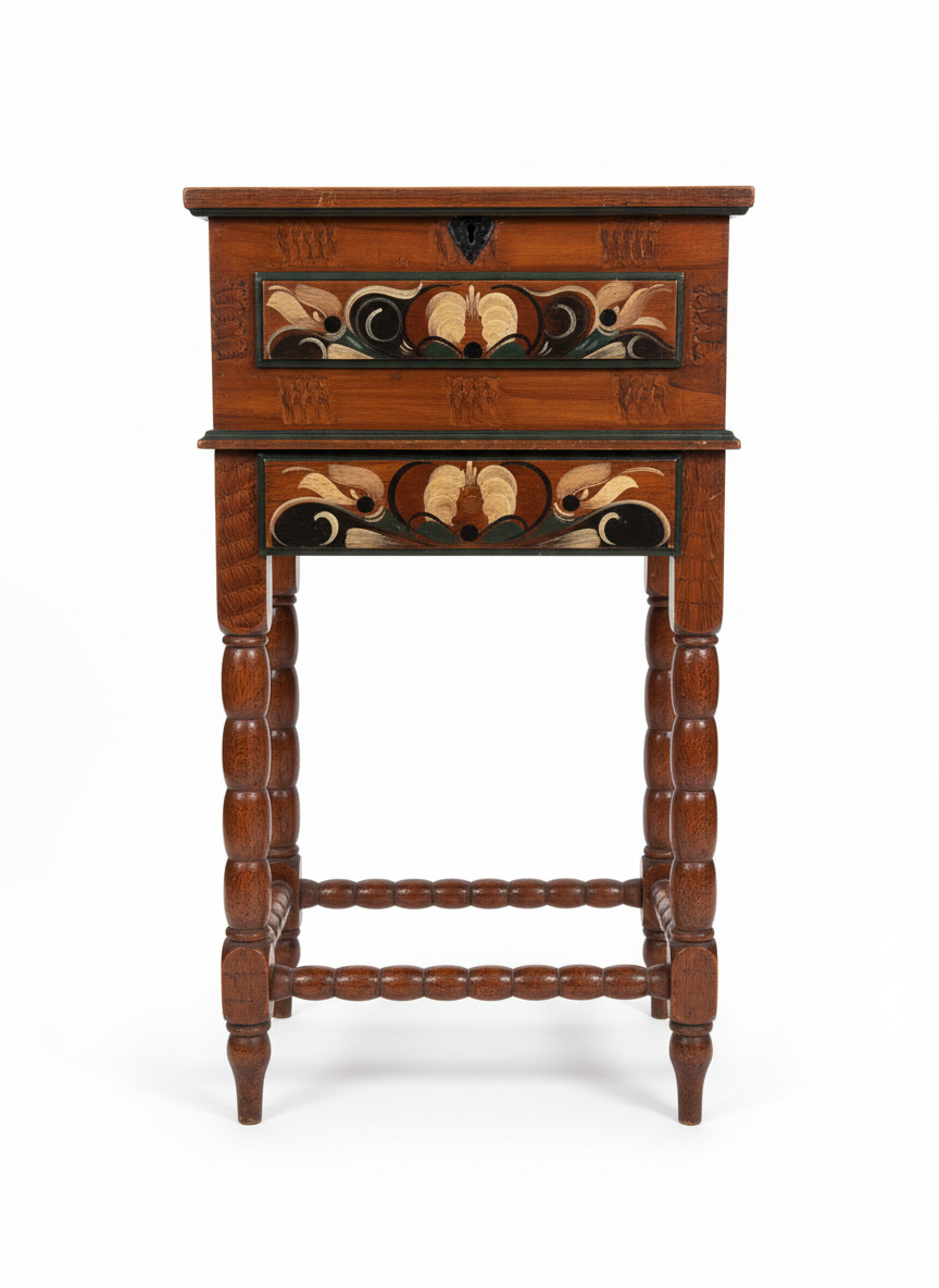 Vintage Kurbitsmaleri Sewing Chest: Swedish Dalarna Folk Art, 1944 wooden chest with traditional floral painted details.