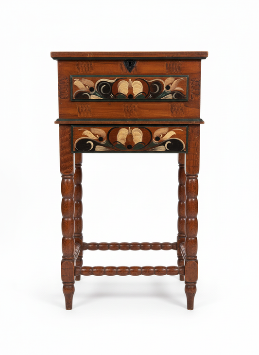 Vintage Kurbitsmaleri Sewing Chest: Swedish Dalarna Folk Art, 1944 wooden chest with traditional floral painted details.