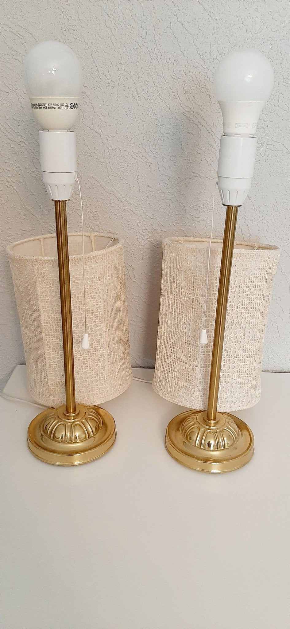 Vintage Brass Table Lamps with Lace Shades – Matching Pair, 59cm | Cottagecore Bedside Lighting, timeless charm design