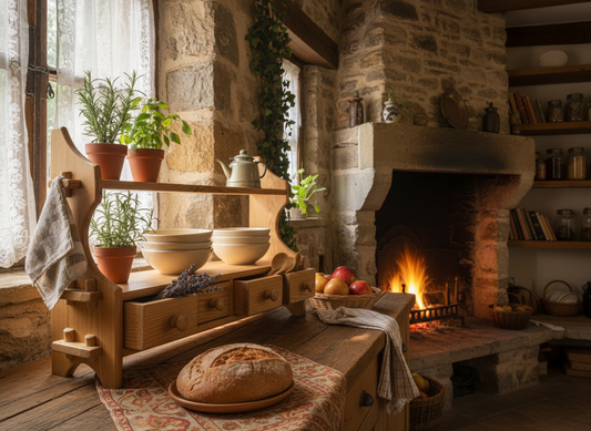Vintage Pine Wall Shelf: Rustic Scandinavian Kitchen Decor with potted herbs, bowls, and cozy stone fireplace in background
