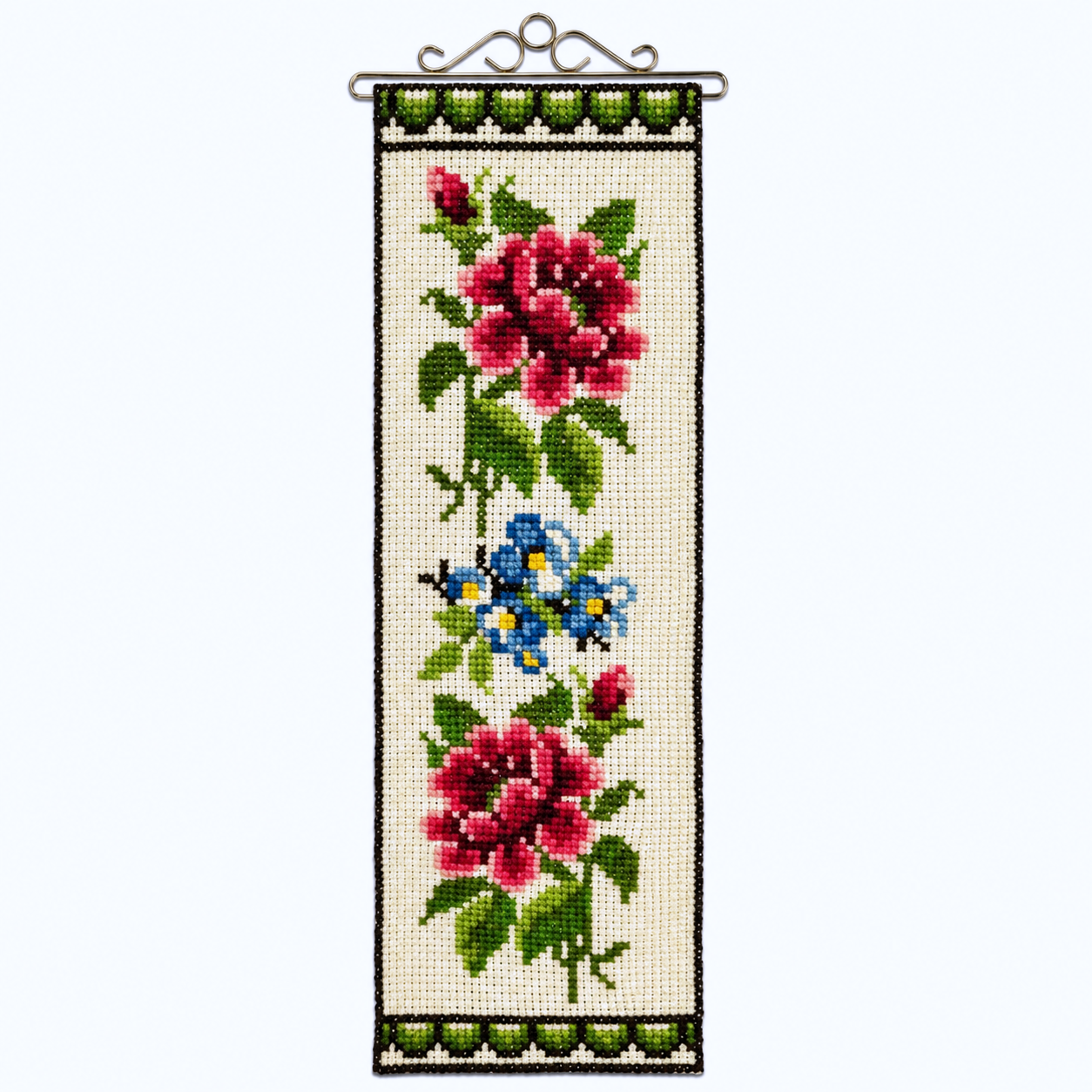 Vintage Swedish cross-stitch roses and forget-me-nots banner wall hanging, silver rod, 87x27 cm, Sweden