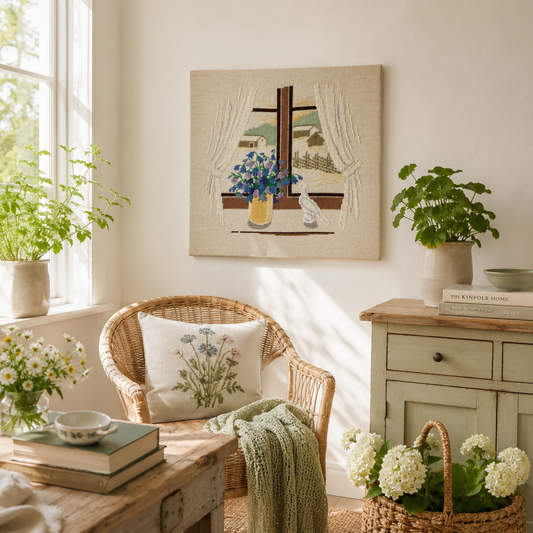 Vintage Swedish Needlepoint Window Scene with Bluebells Wall Art on Stretcher Frame