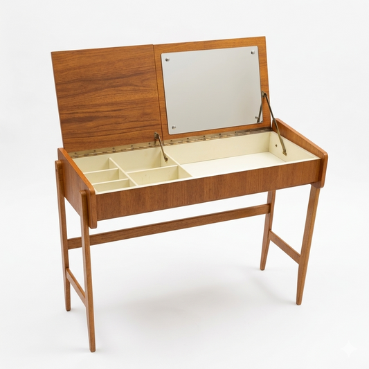 1960s Scandinavian Teak Vanity Table with Flip-Top Mirror and Storage