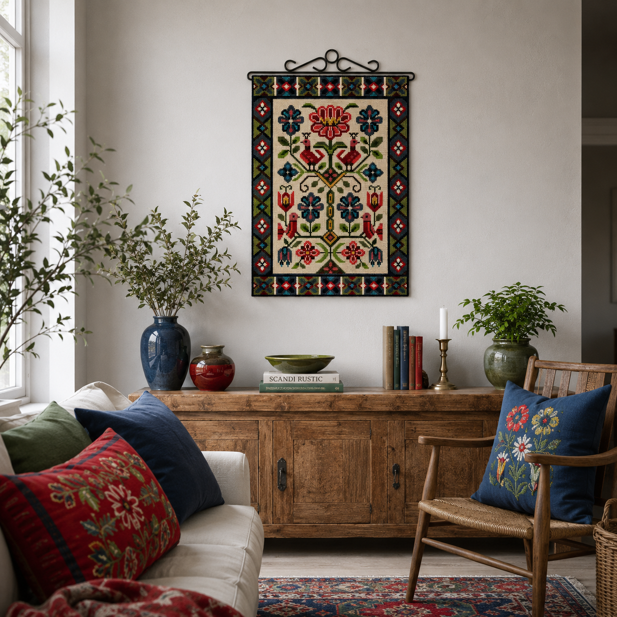 Vintage Swedish Allmoge Needlepoint Birds and Flowers Wall Hanging