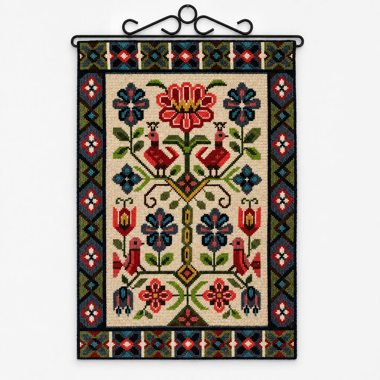 Vintage Swedish Allmoge Needlepoint Birds and Flowers Wall Hanging