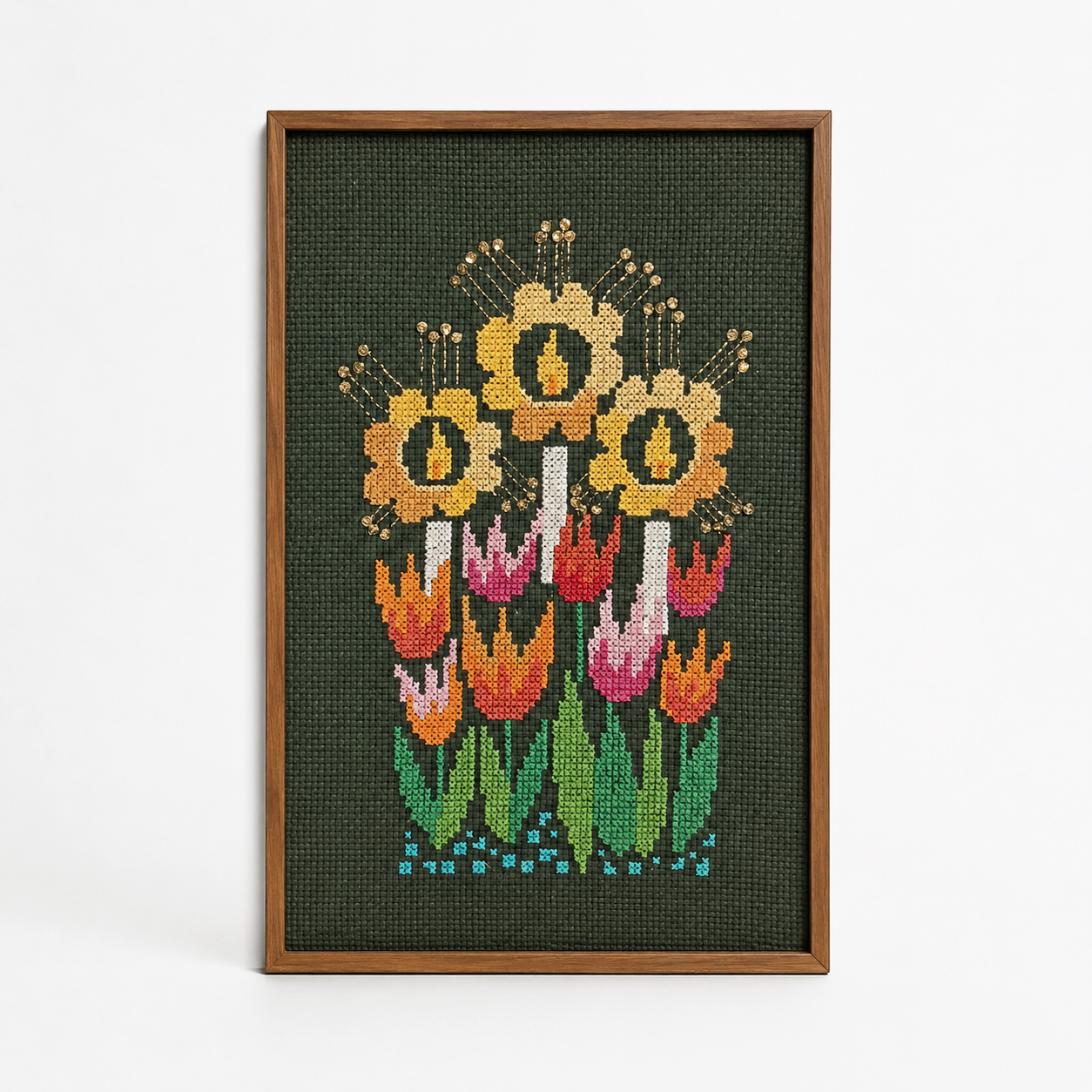 Vintage Swedish Cross-Stitch Candles and Tulips Wall Art in Teak Frame