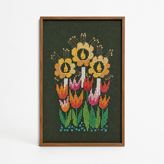 Vintage Swedish Cross-Stitch Candles and Tulips Wall Art in Teak Frame