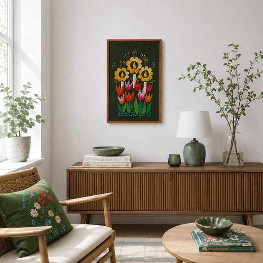 Vintage Swedish Cross-Stitch Candles and Tulips Wall Art in Teak Frame