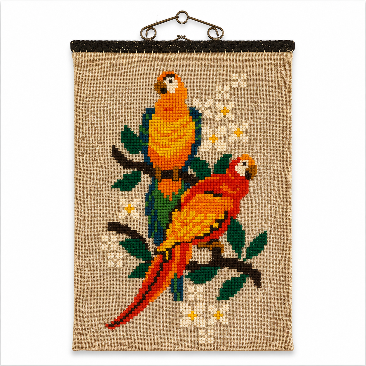Vintage Swedish Cross-Stitch Parrots Wall Hanging