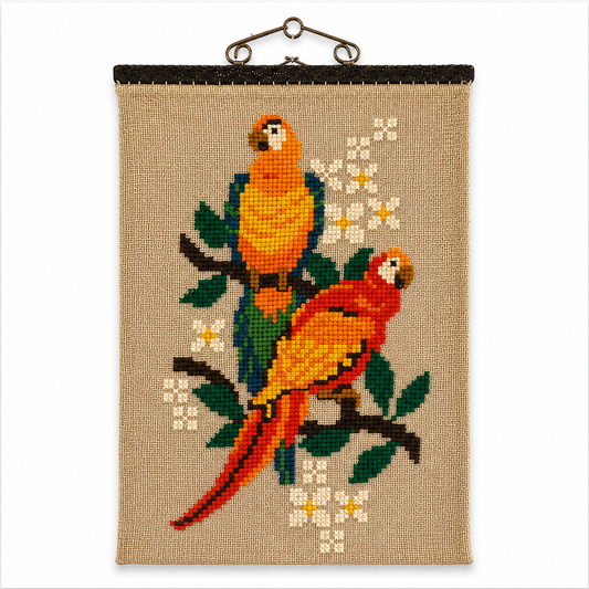 Vintage Swedish Cross-Stitch Parrots Wall Hanging