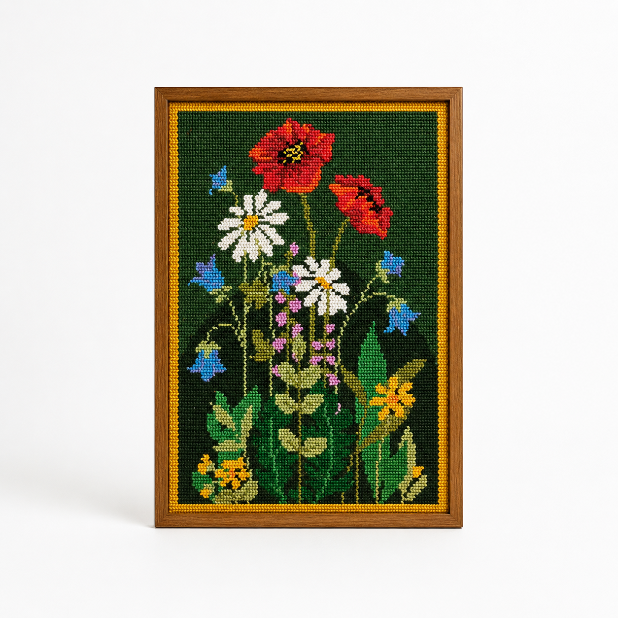 Vintage Swedish Needlepoint Poppy Field Wall Art in Teak Frame