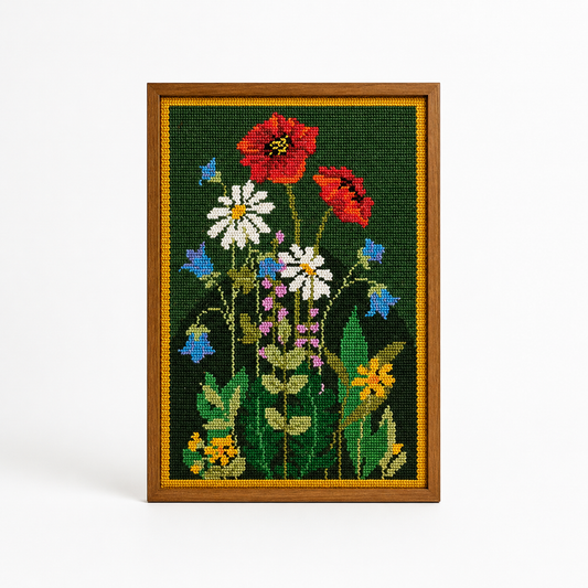 Vintage Swedish Needlepoint Poppy Field Wall Art in Teak Frame