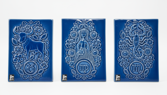 Vintage Swedish Zodiac Wall Plaques – JIE Gantofta by Aimo Nietosvuori – Taurus, Virgo, Scorpio in blue ceramic with floral designs