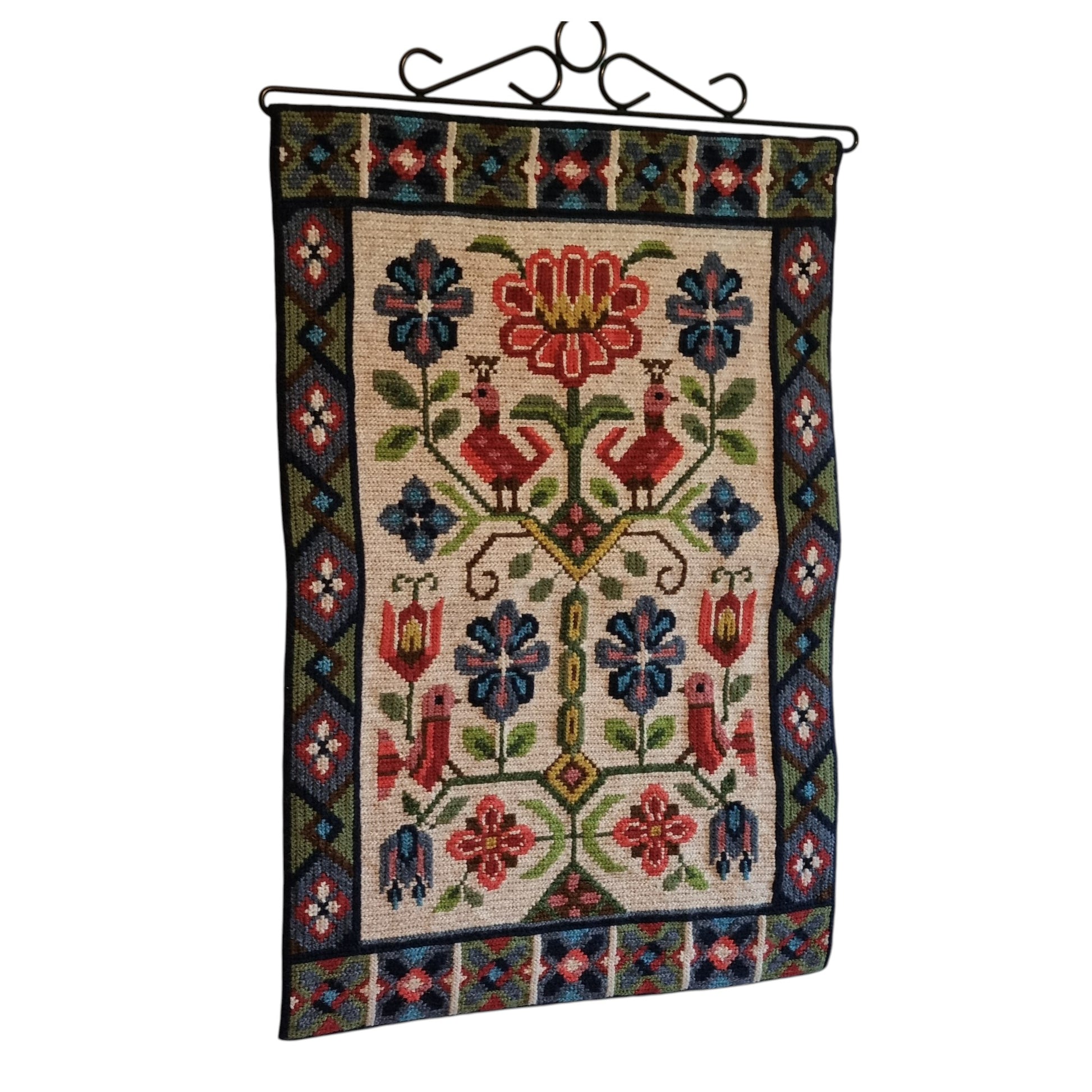 Vintage Swedish allmoge needlepoint birds and flowers wall hanging, wrought iron rod, 68x42 cm, Sweden