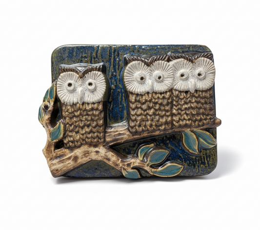 Willy Fischer EGO Stengods – Three Wise Owls Stoneware Wall Plaque, Sweden 1970s, authentic vintage, timeless charm