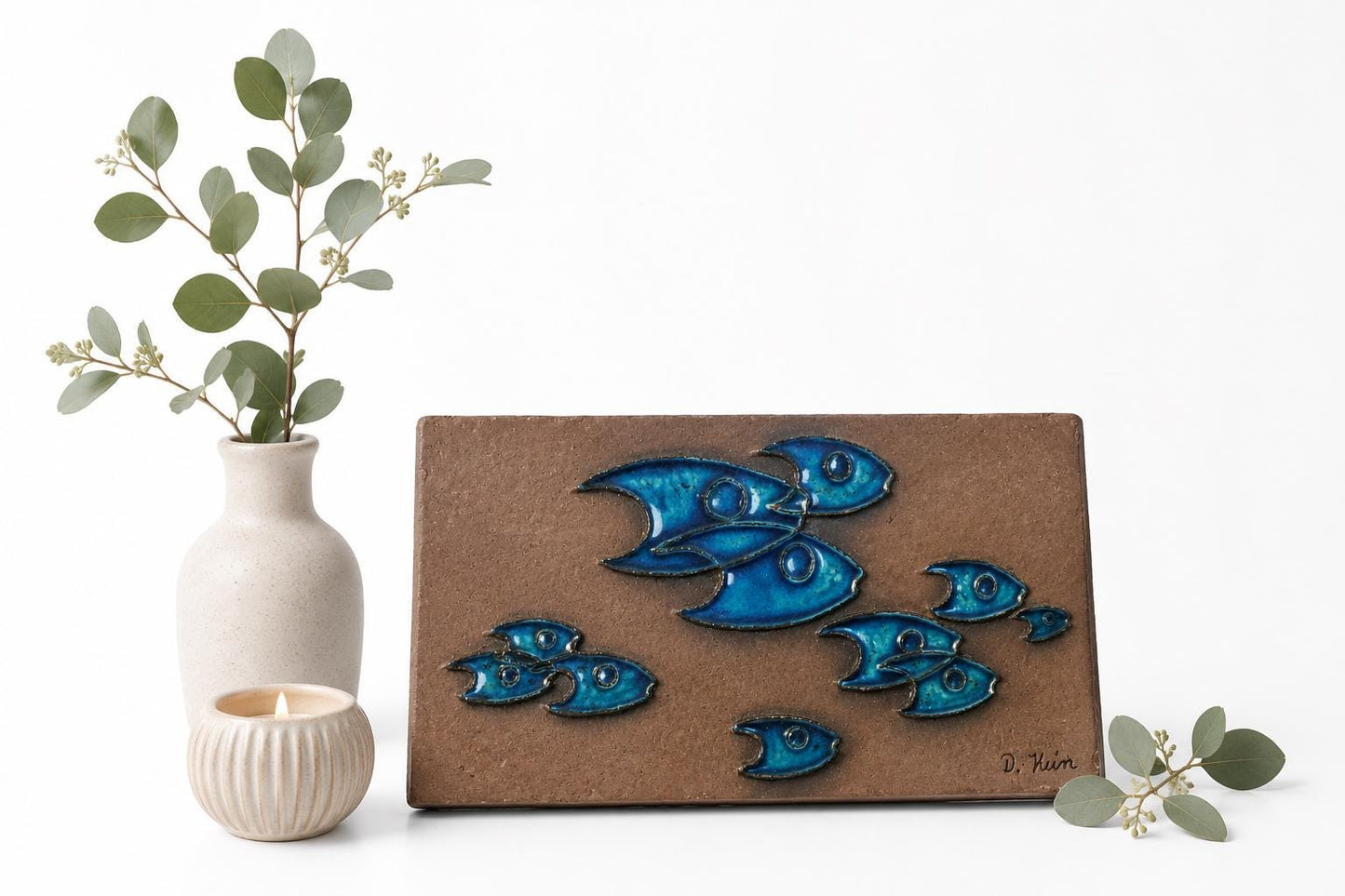 Wall Plaque, School of Fish by Dietlinde Hein, Blue Ceramic Relief, Knabstrup Denmark, Mid Century Modern __etsy:8194644507