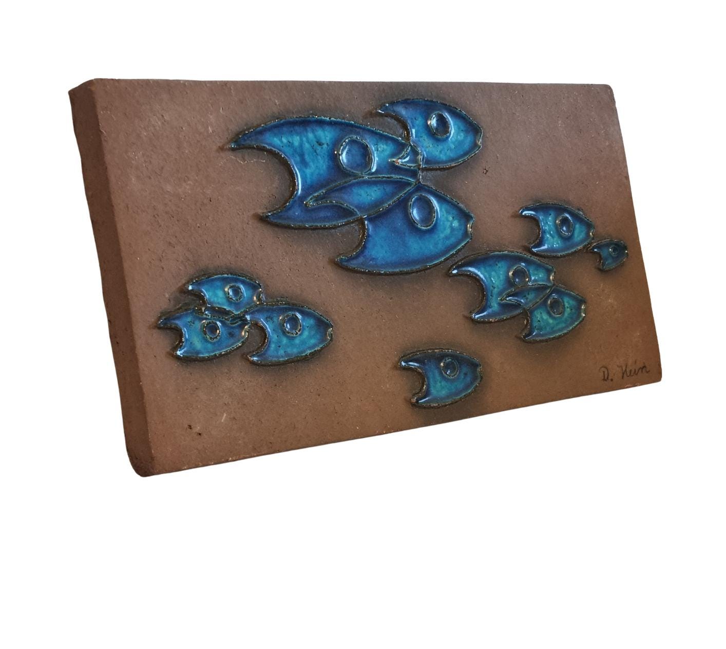 Wall Plaque, School of Fish by Dietlinde Hein, Blue Ceramic Relief, Knabstrup Denmark, Mid Century Modern __etsy:8194644431