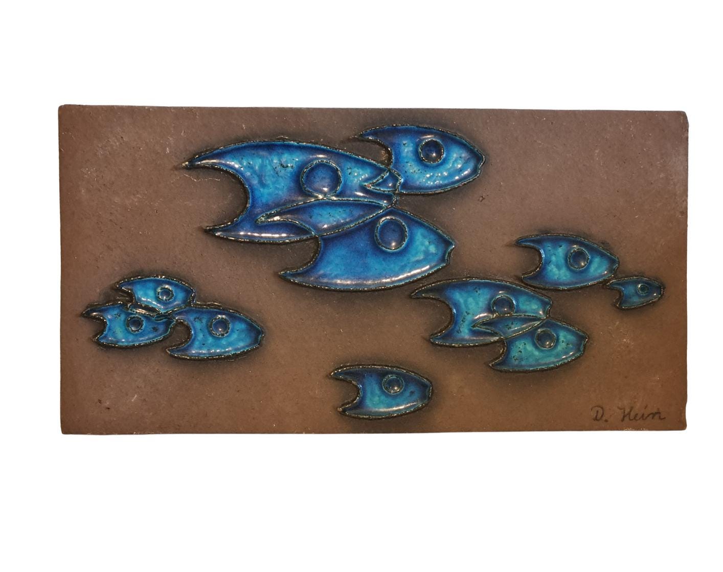 Wall Plaque, School of Fish by Dietlinde Hein, Blue Ceramic Relief, Knabstrup Denmark, Mid Century Modern __etsy:8194644541