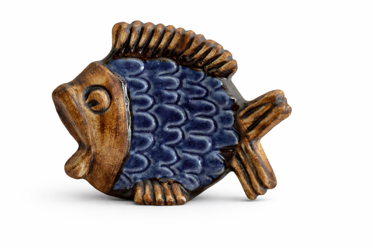 Vintage Stoneware Fish by EGO Stengods – Willi Fischer, Sweden – Scandinavian Vintage Pottery Decor in blue and brown ceramic stoneware.