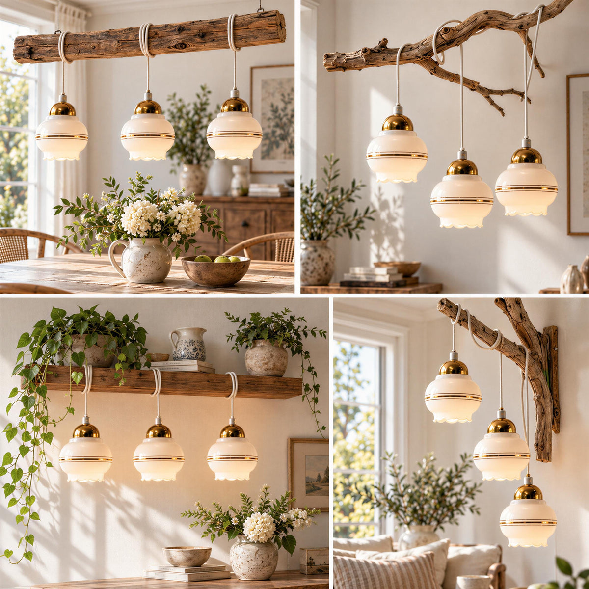 Swedish opaline pendant lights, set of 3, white milk glass with brass – photo 2