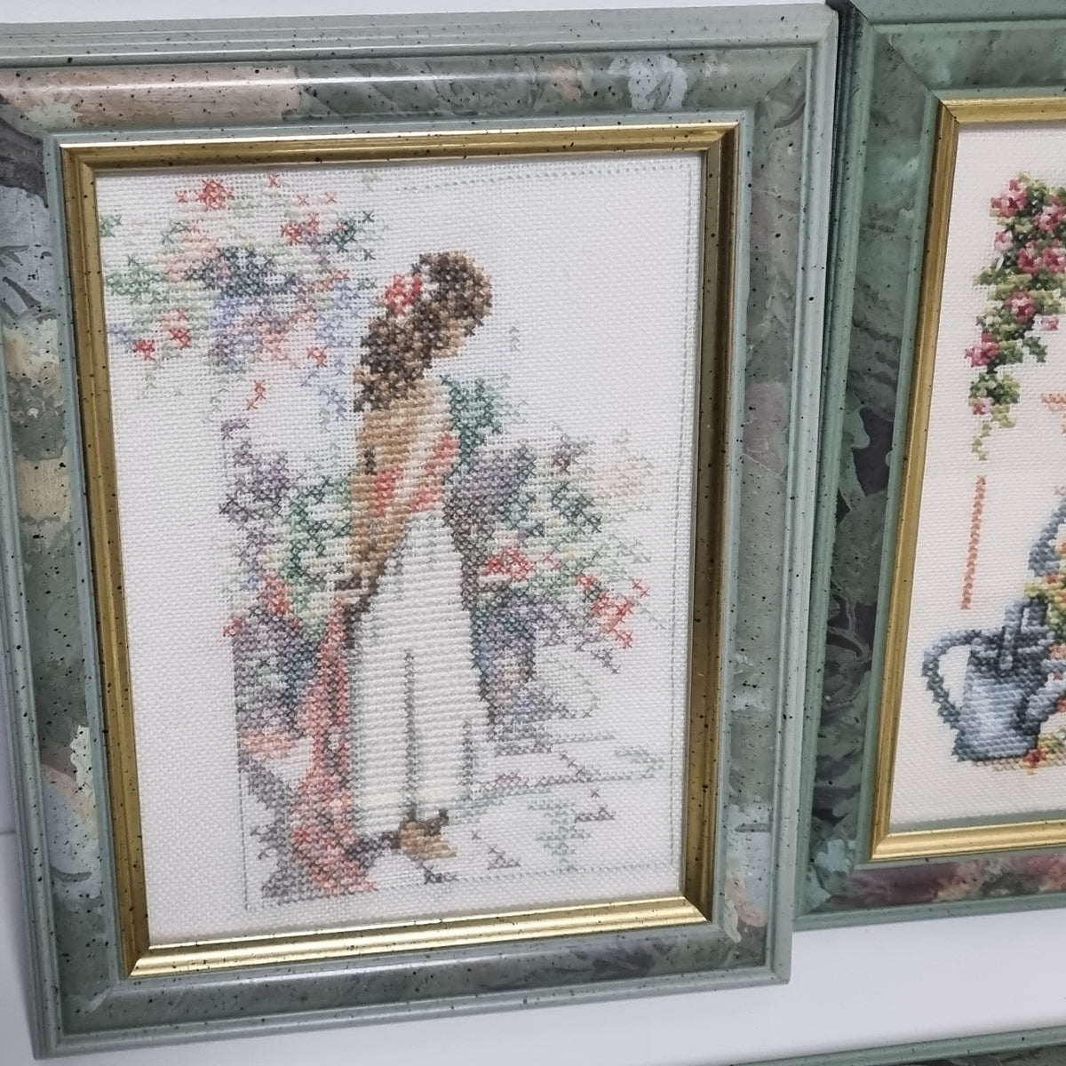 Framed cross stitch garden scene, hand stitched needlework, photo 9