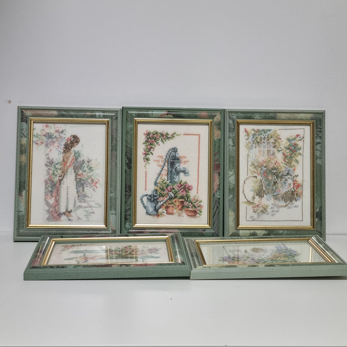 Framed cross stitch set of 5, hand stitched country garden scenes, photo 11