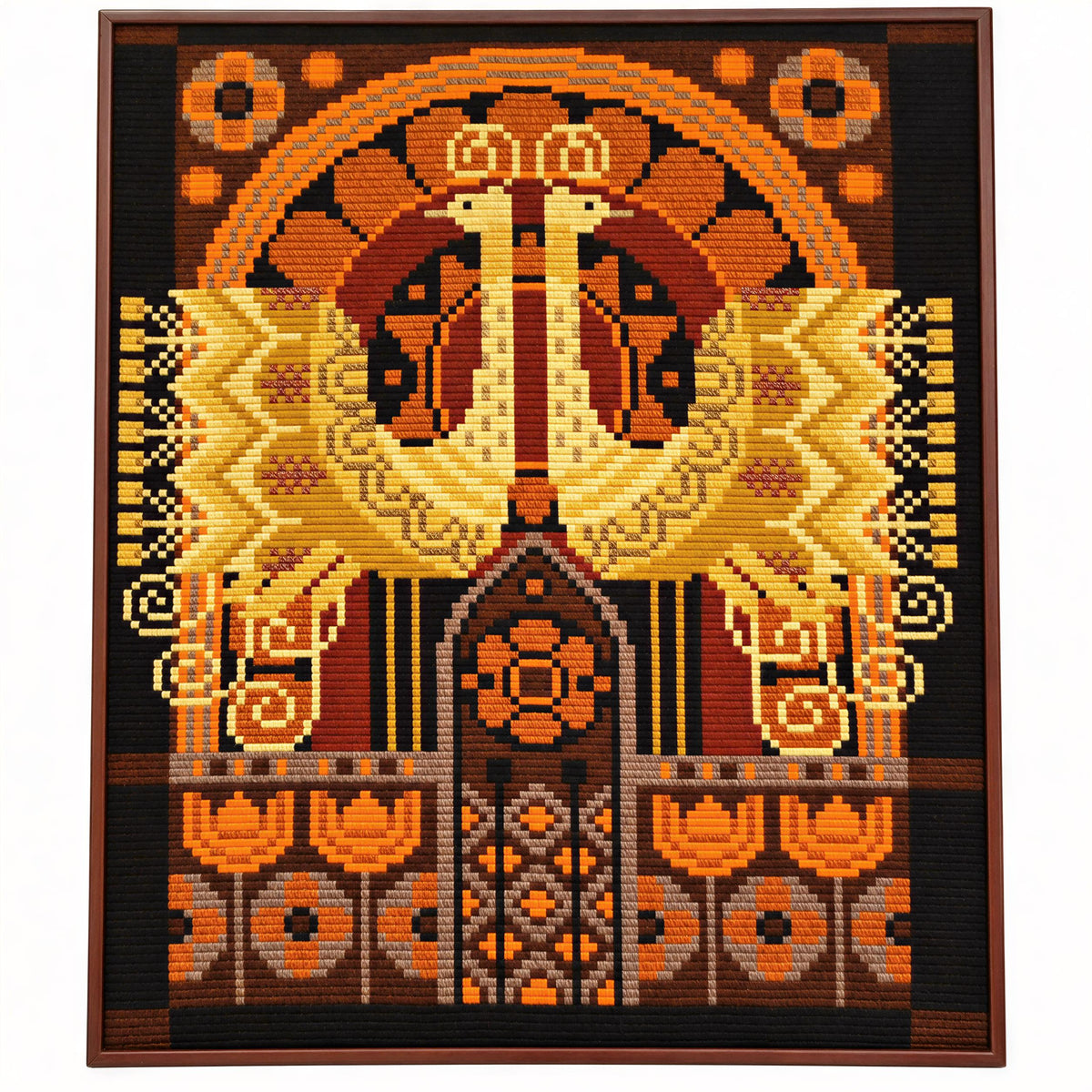 The image is a vibrant, intricate, and colorful embroidered or cross-stitched piece featuring a variety of patterns, shapes, and designs in shades of orange, yellow, and brown.