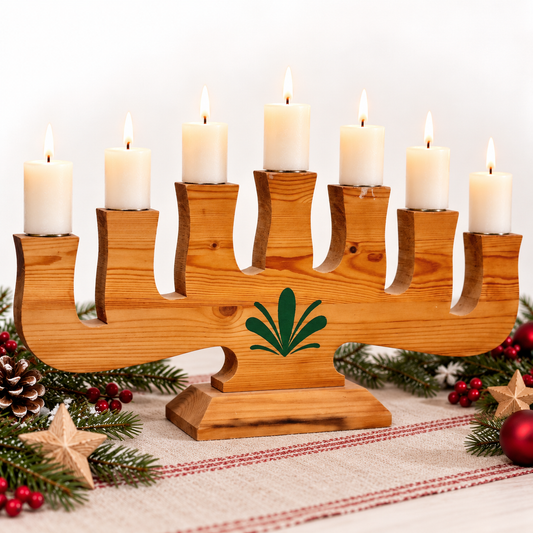 Stig Jonsson Dala Industrier seven-arm pine candelabra with lit candles