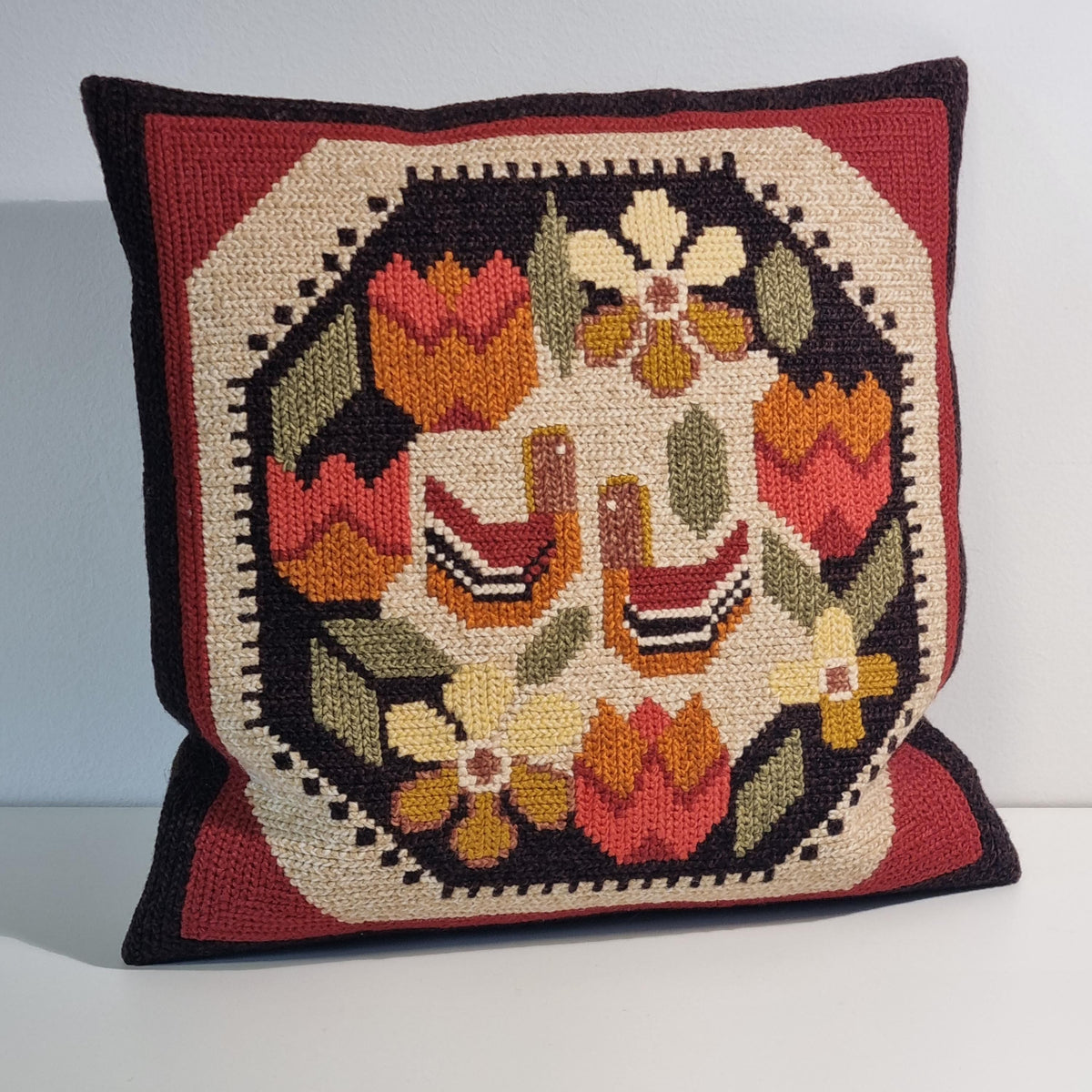 Swedish Allmoge wool needlepoint cushion with folk birds and tulips – photo 2