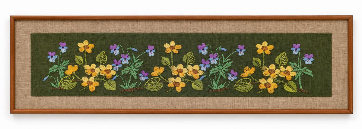 Swedish wildflower embroidery on moss green in solid teak frame