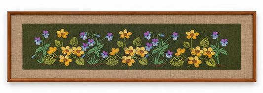 Swedish wildflower embroidery on moss green in solid teak frame